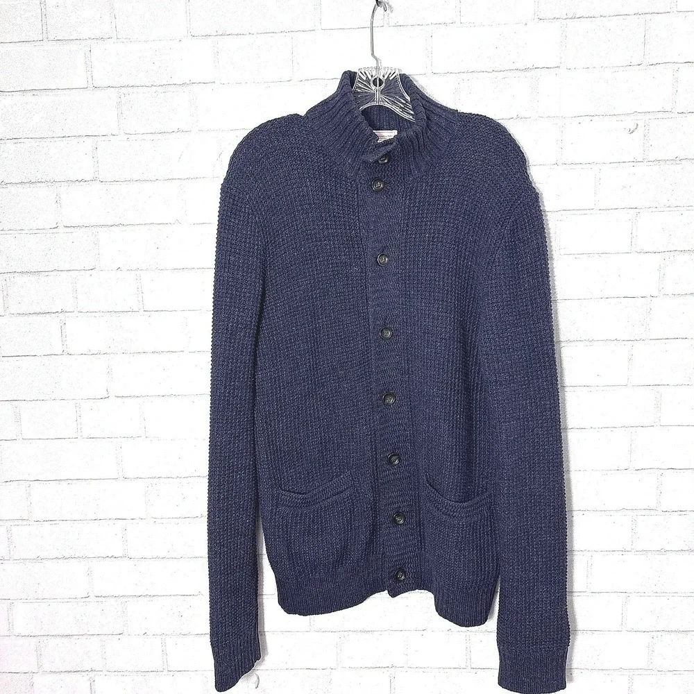 Gap Mens Waffle Knit Cardigan Large‎ Blue Cotton Academia Grandpa Preppy Classic
